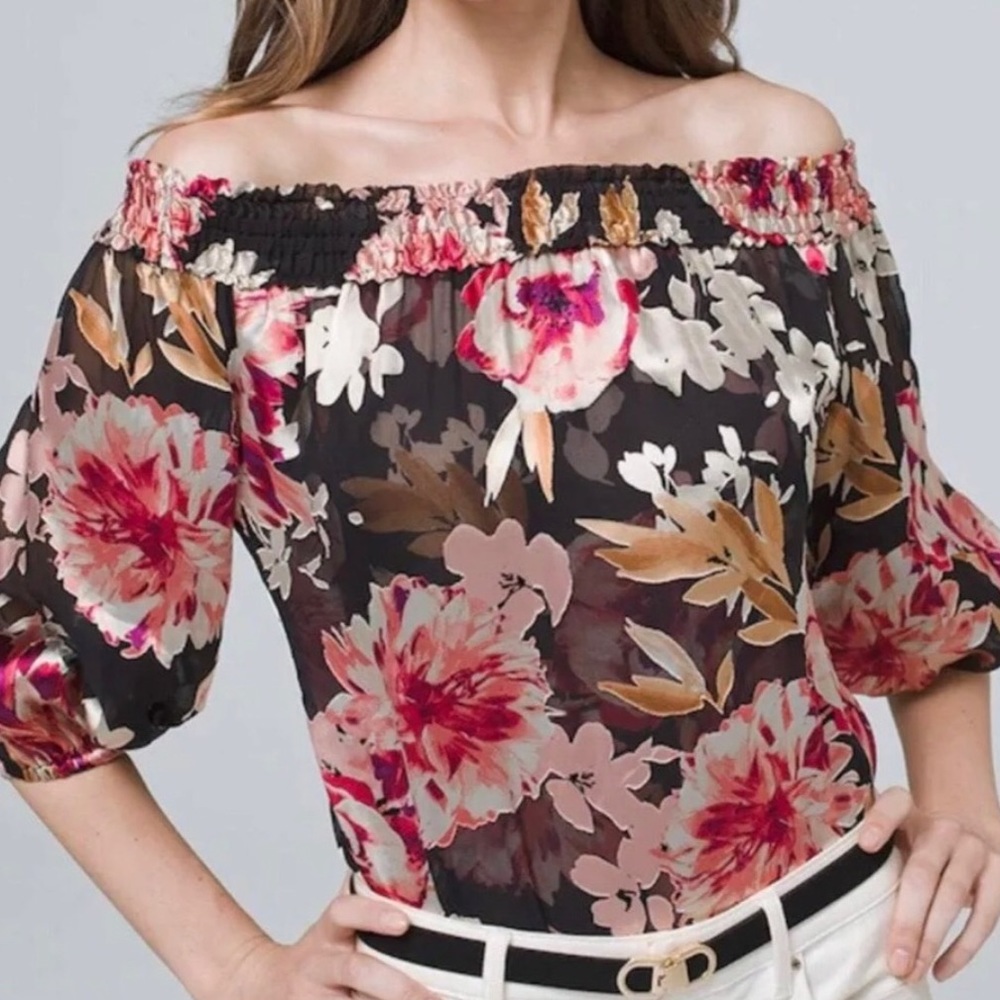 WHBM Black Floral Burnout Off Shoulder Blouse